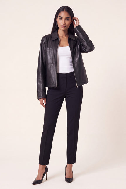 Lambskin Leather Trucker Jacket - Black - front view