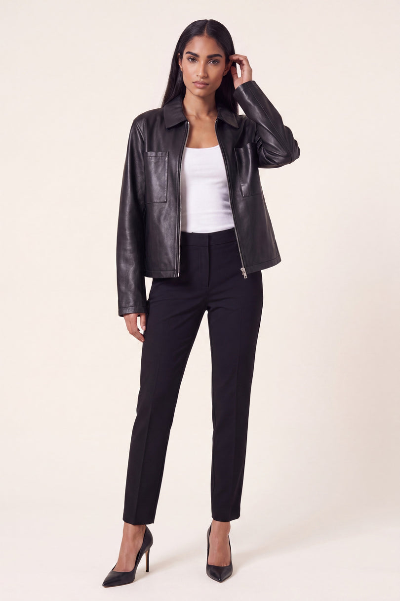 Lambskin Leather Trucker Jacket - Black - front view