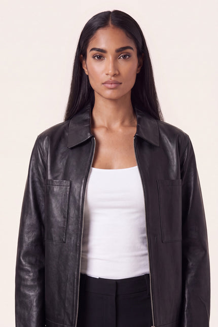 Lambskin Leather Trucker Jacket - Black - macro view