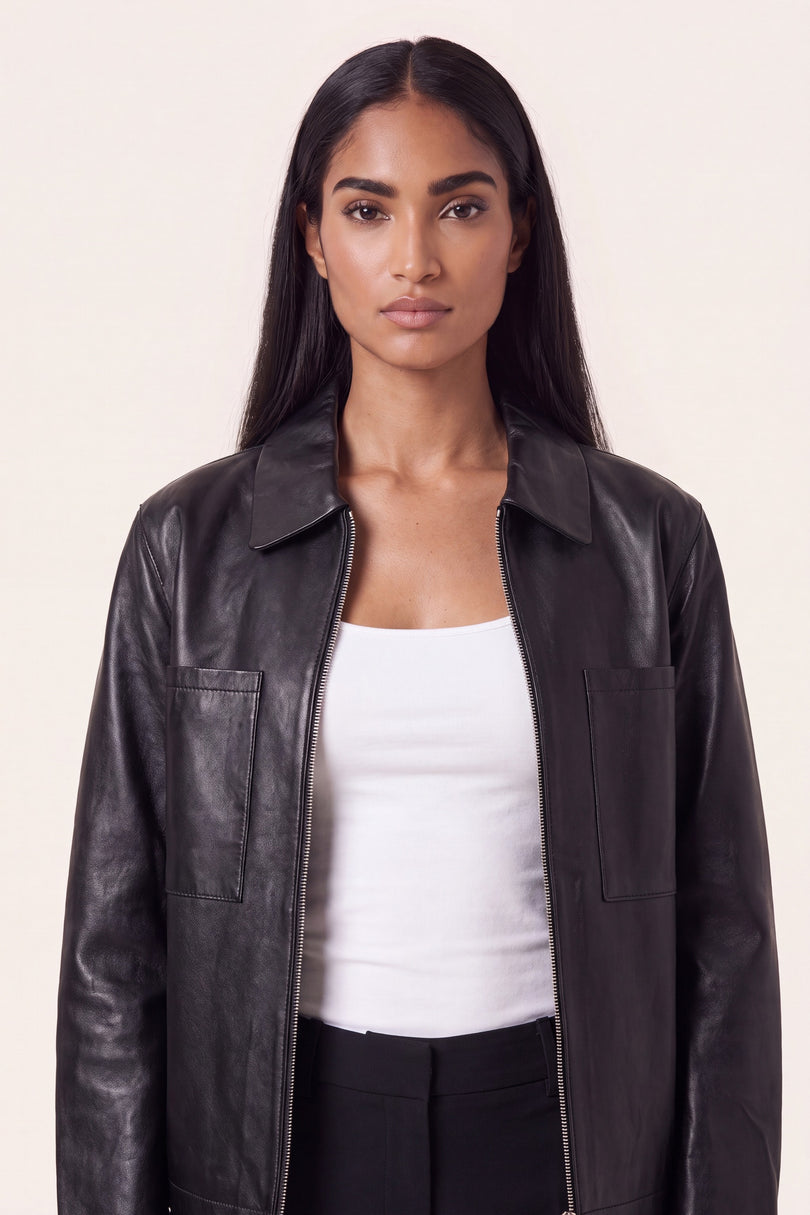 Lambskin Leather Trucker Jacket - Black - macro view