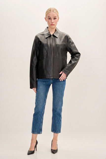 Lambskin Leather Trucker Jacket - Black - front view