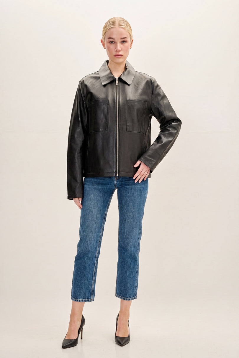 Lambskin Leather Trucker Jacket - Black - front view