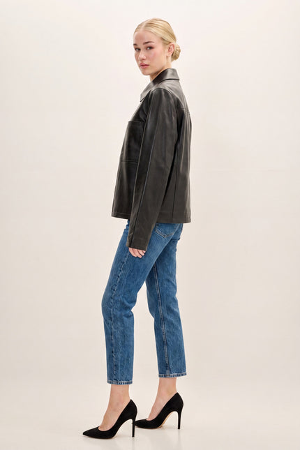 Lambskin Leather Trucker Jacket - Black - side view