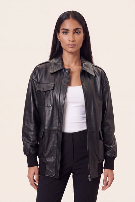 Oversized Lambskin Leather Jacket - Black - macro view