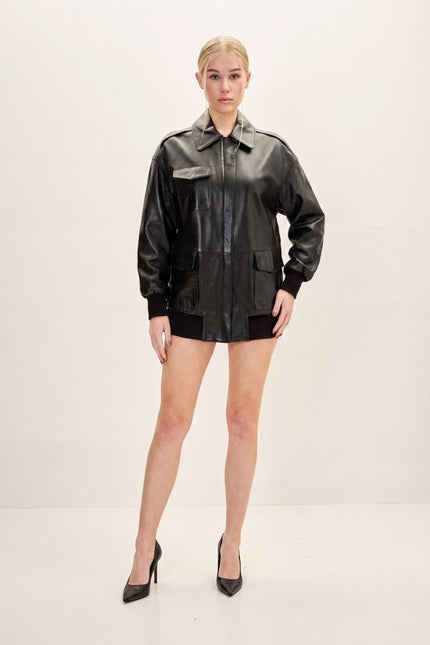 Oversized Lambskin Leather Jacket - Black - front view