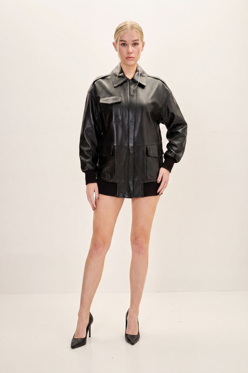 Oversized Lambskin Leather Jacket - Black - front view
