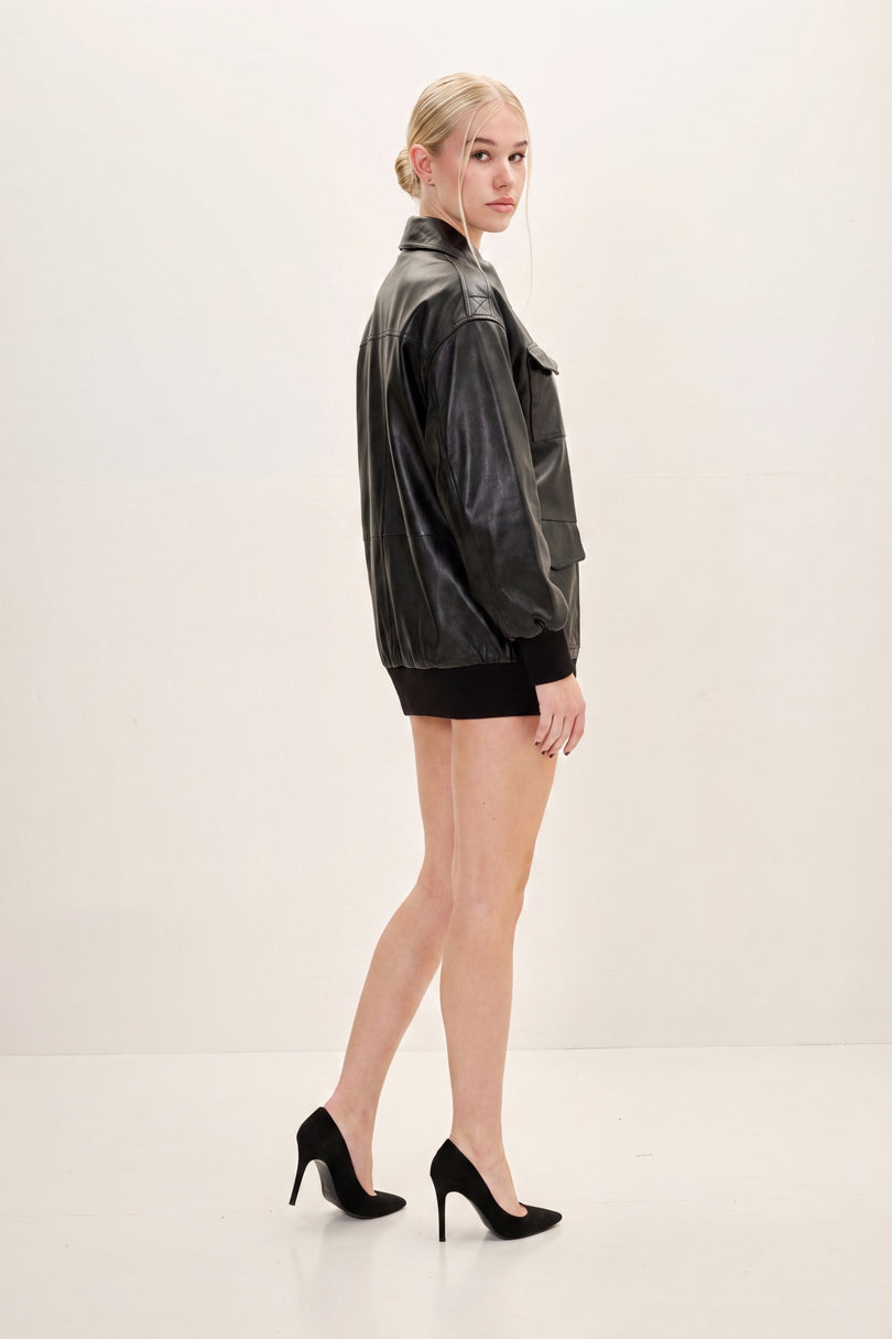 Oversized Lambskin Leather Jacket - Black - side view