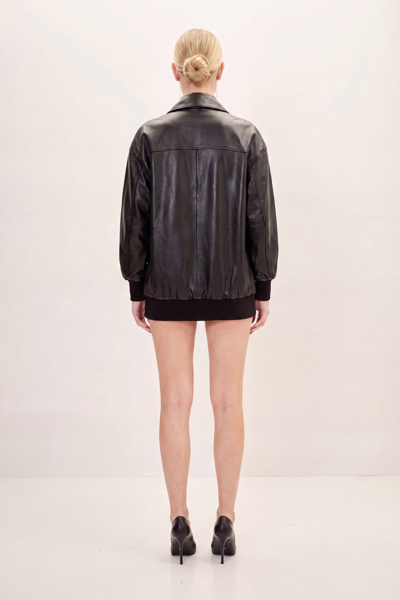 Oversized Lambskin Leather Jacket - Black - back view