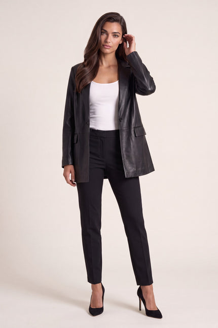 Single-Breasted Lambskin Leather Blazer - Black - front view