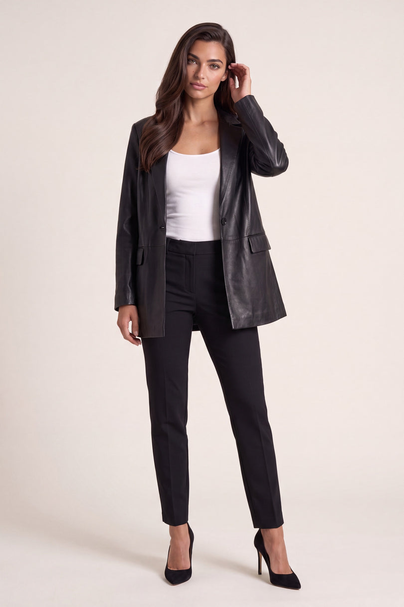 Single-Breasted Lambskin Leather Blazer - Black - front view