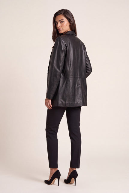 Single-Breasted Lambskin Leather Blazer - Black - back view