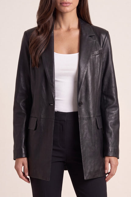 Single-Breasted Lambskin Leather Blazer - Black - detail view