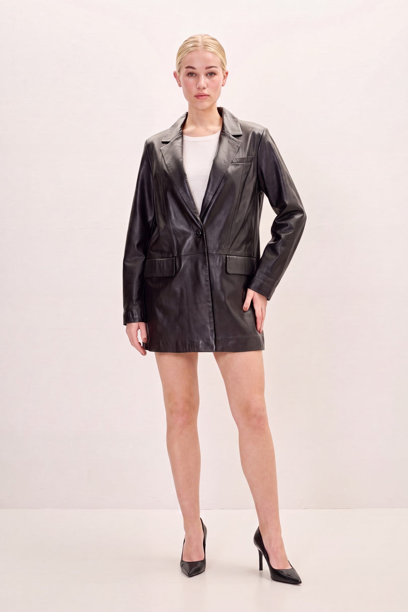 Single-Breasted Lambskin Leather Blazer - Black - front view