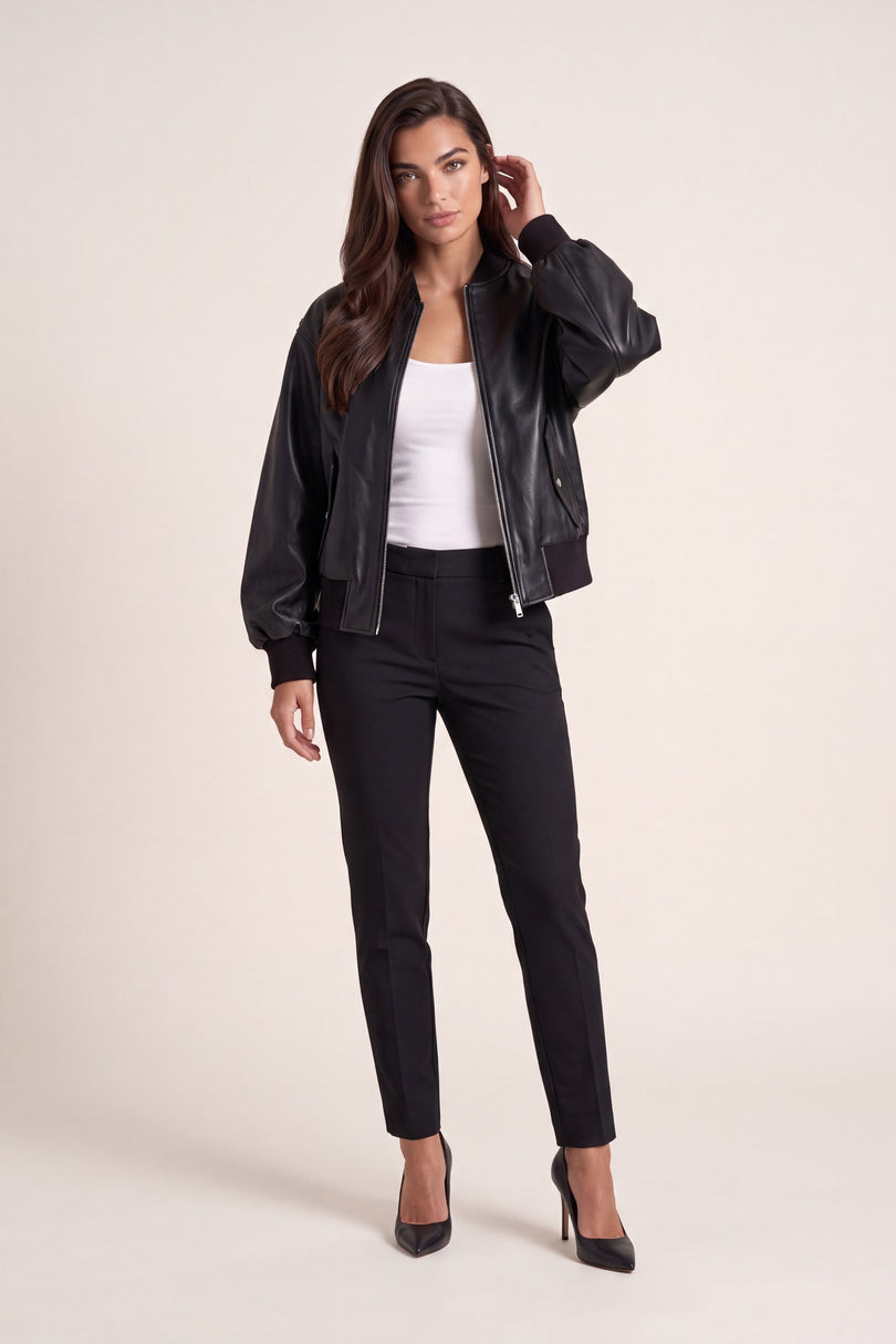 Lambskin Leather Bubble-Sleeve Jacket - Black - front view