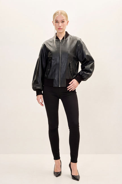 Lambskin Leather Bubble-Sleeve Jacket - Black - front view
