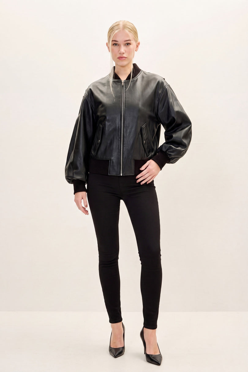 Lambskin Leather Bubble-Sleeve Jacket - Black - front view
