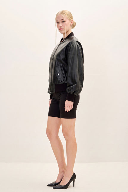 Lambskin Leather Bubble-Sleeve Jacket - Black - side view