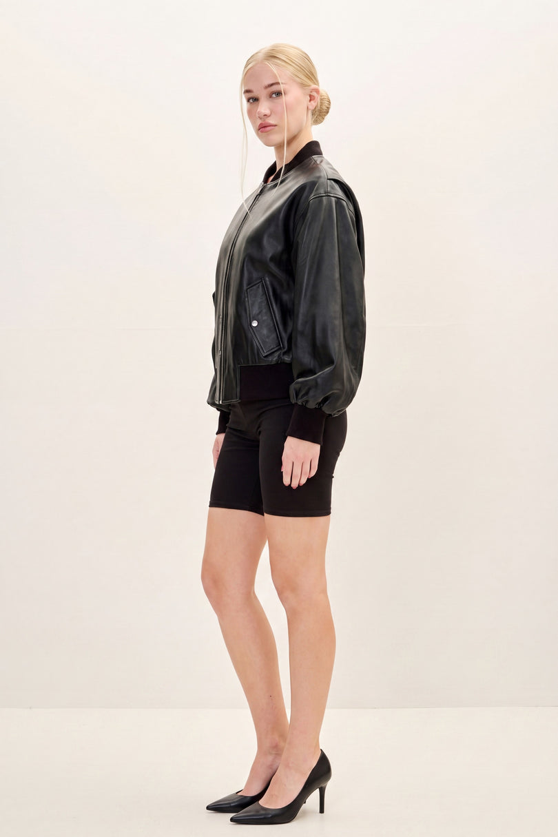 Lambskin Leather Bubble-Sleeve Jacket - Black - side view