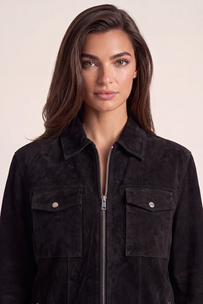 Lambskin Suede Utility Field Jacket - Black - macro view
