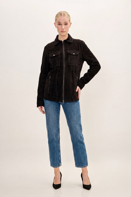 Lambskin Suede Utility Field Jacket - Black - front view