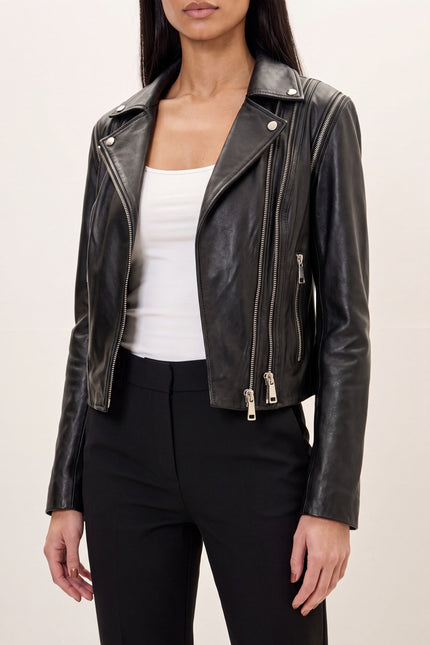 Lambskin Multi-Zipper Motorcycle Jacket - Black - detail view