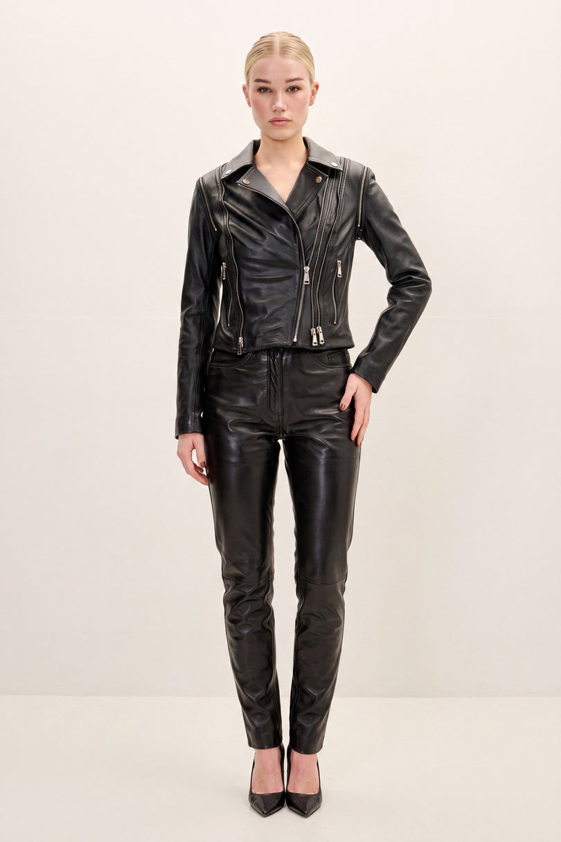 Lambskin Multi-Zipper Motorcycle Jacket - Black - front view