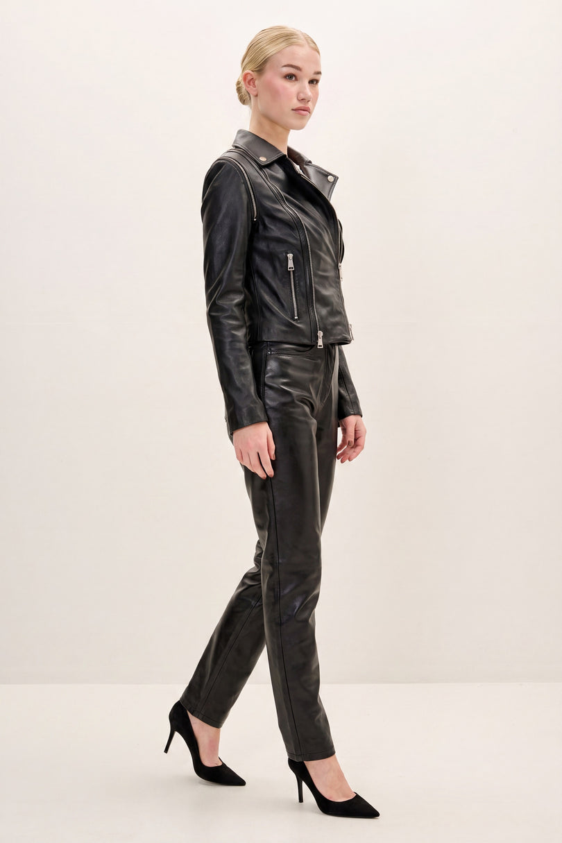 Lambskin Multi-Zipper Motorcycle Jacket - Black - side view