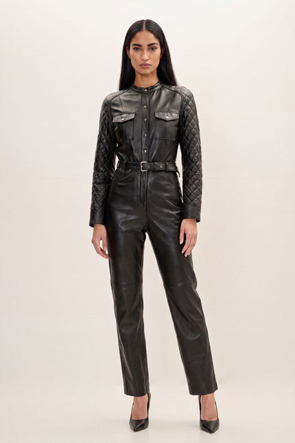 Lambskin Leather Quilted Detail Jumpsuit - Black - front view