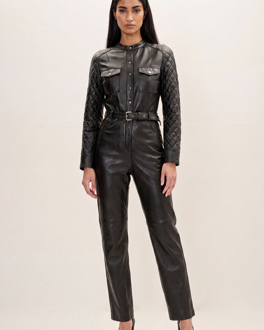 Lambskin Leather Quilted Detail Jumpsuit - Black - front view