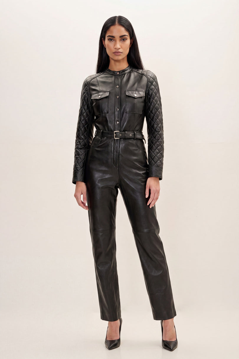 Lambskin Leather Quilted Detail Jumpsuit - Black - front view