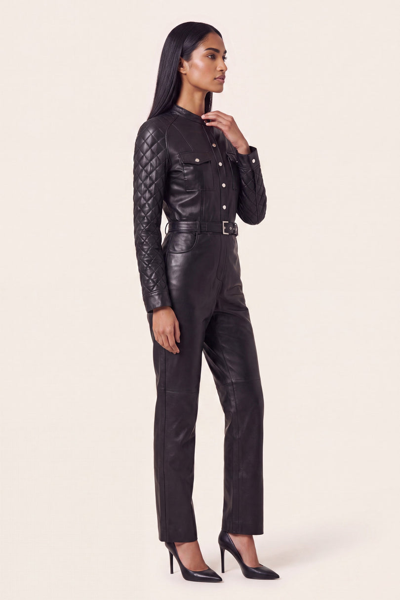 Lambskin Leather Quilted Detail Jumpsuit - Black - side view