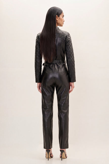 Lambskin Leather Quilted Detail Jumpsuit - Black - back view