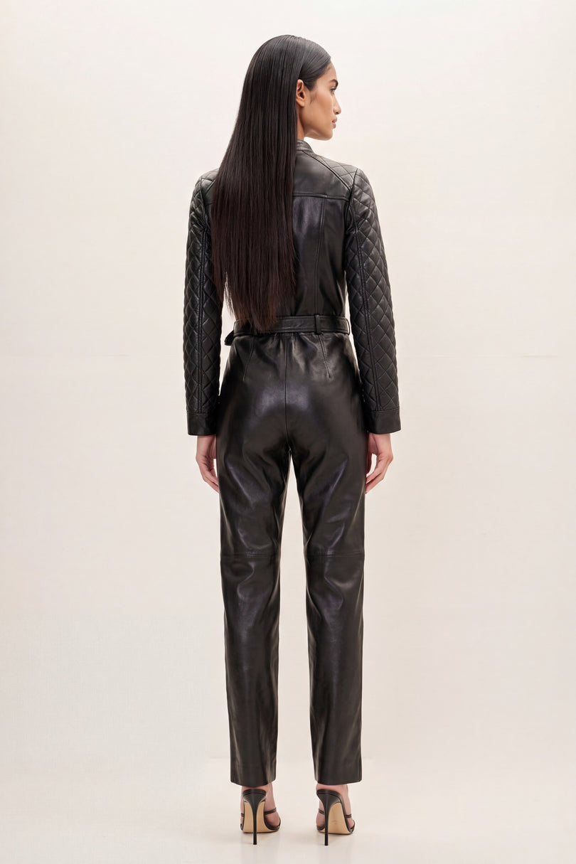 Lambskin Leather Quilted Detail Jumpsuit - Black - back view