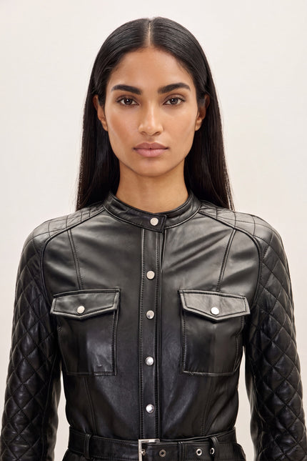 Lambskin Leather Quilted Detail Jumpsuit - Black - macro view