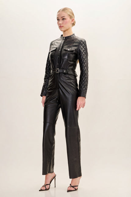 Lambskin Leather Quilted Detail Jumpsuit - Black - freestyle view