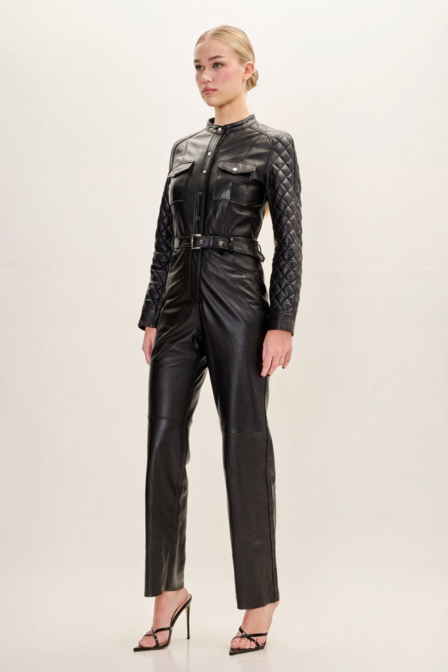 Lambskin Leather Quilted Detail Jumpsuit - Black - freestyle view