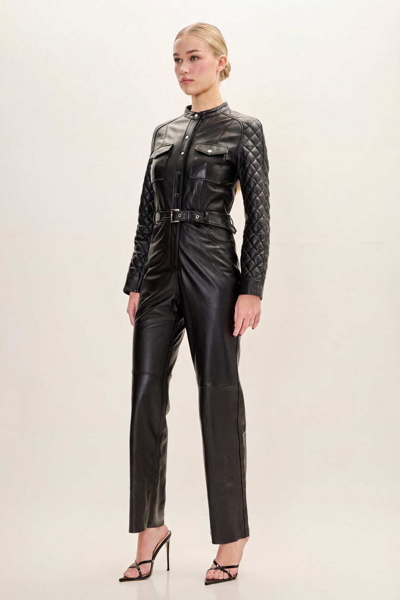 Lambskin Leather Quilted Detail Jumpsuit - Black - freestyle view