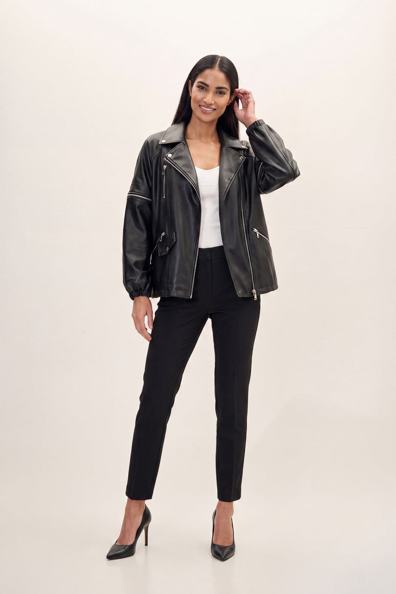Lambskin Leather Jacket with Removable Sleeves - Black - front view