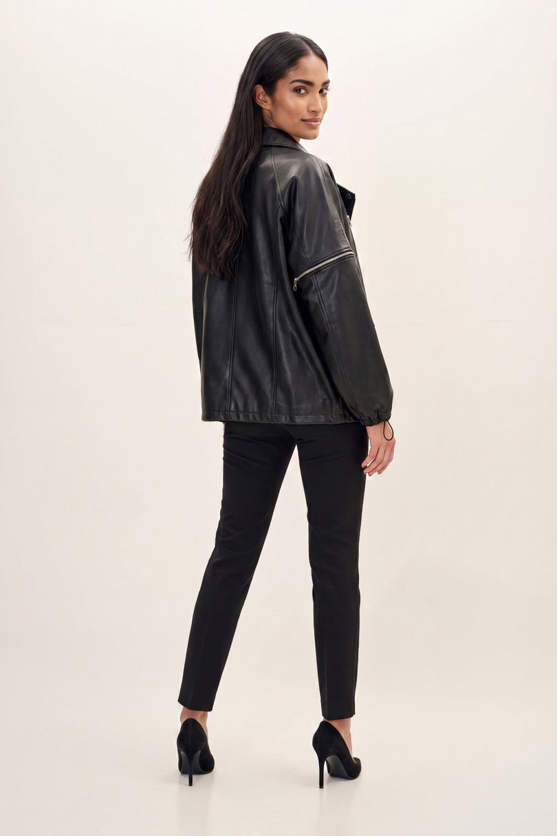 Lambskin Leather Jacket with Removable Sleeves - Black - back view