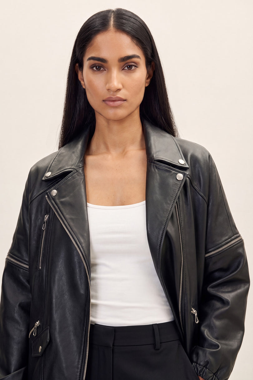 Lambskin Leather Jacket with Removable Sleeves - Black - macro view
