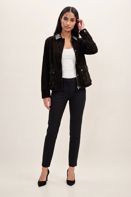 Suede Contrast Collar Chore Coat - Black - front view