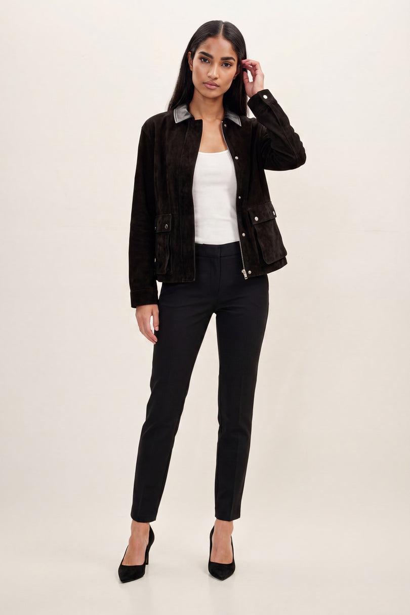 Suede Contrast Collar Chore Coat - Black - front view