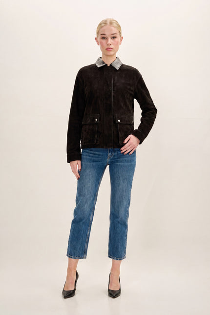 Suede Contrast Collar Chore Coat - Black - front view