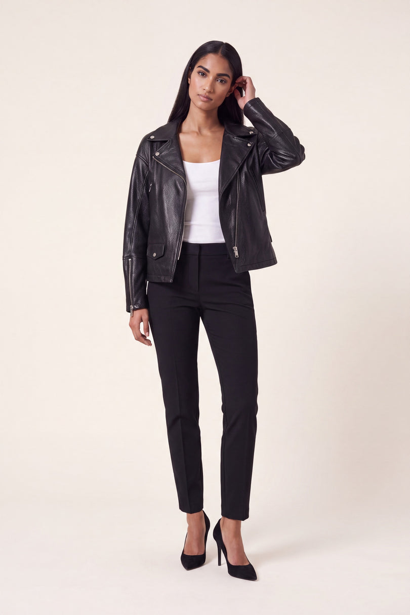 Lace-up Leather Biker Jacket - Black - front view
