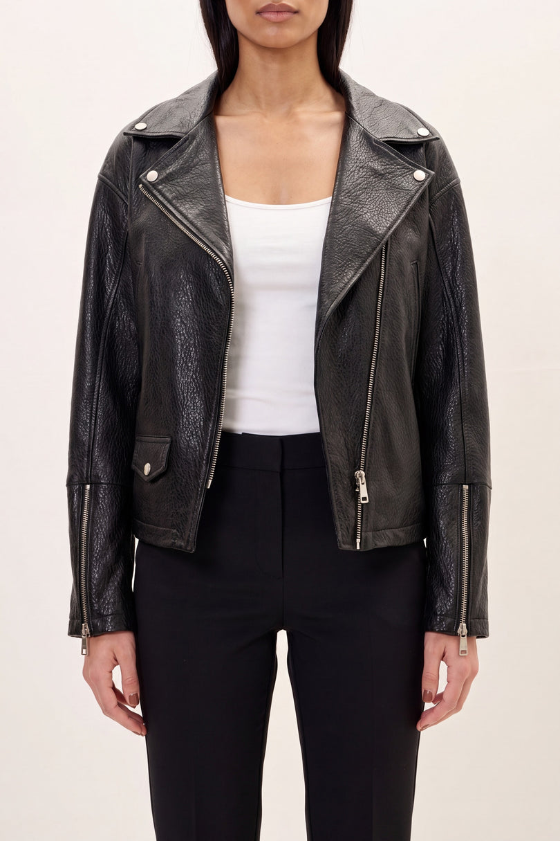 Lace-up Leather Biker Jacket - Black - detail view