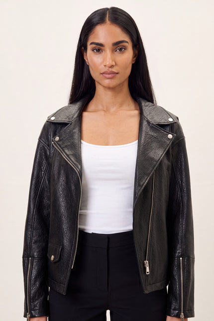 Lace-up Leather Biker Jacket - Black - macro view