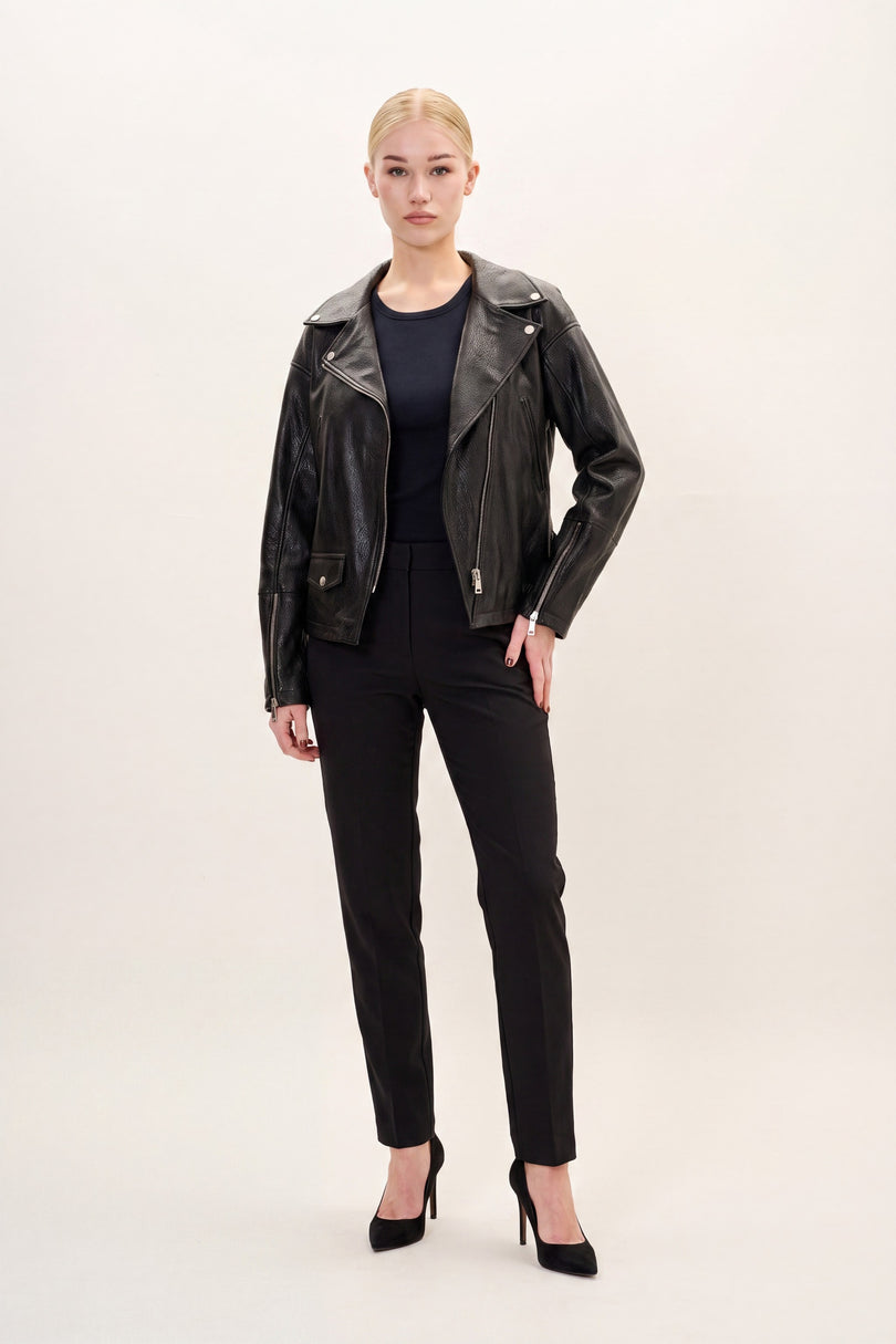 Lace-up Leather Biker Jacket - Black - front view