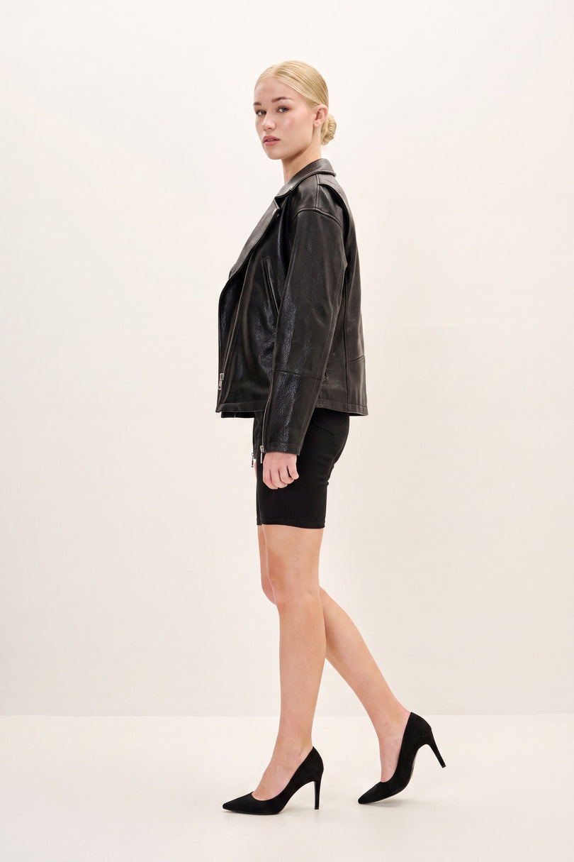 Lace-up Leather Biker Jacket - Black - side view