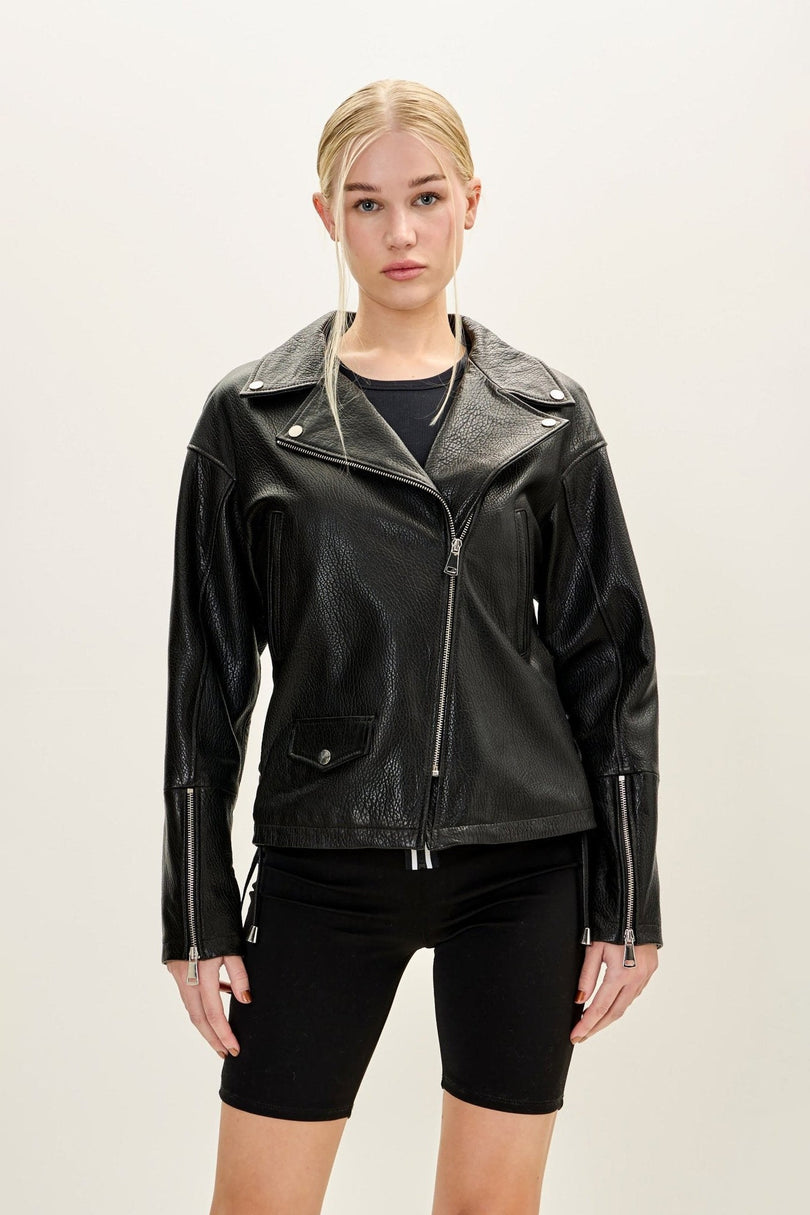 Lace-up Leather Biker Jacket - Black - freestyle view