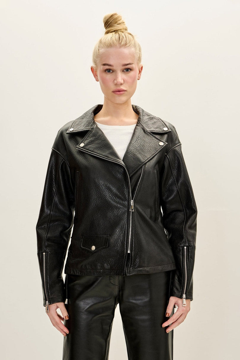 Lace-up Leather Biker Jacket - Black - freestyle view